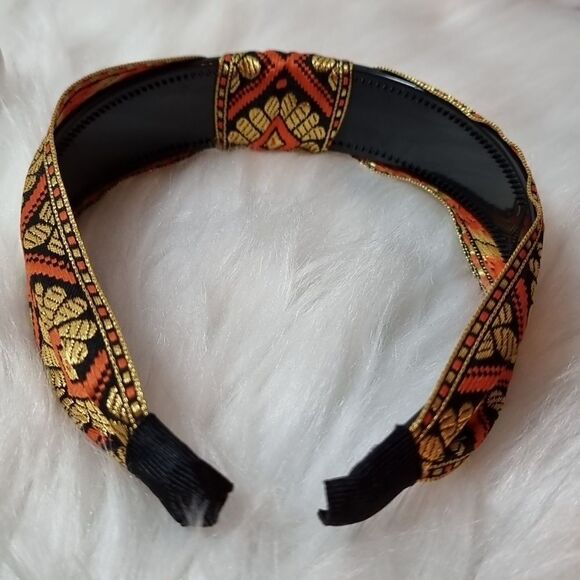 JEWELTONE JACQUARD SATIN FABRIC top knot orange gold black pattern headband - Picture 6 of 9